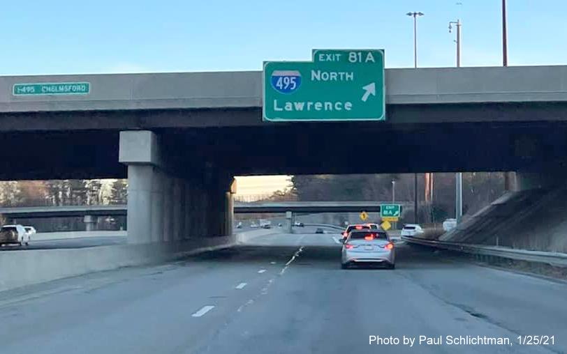 Image of overhead ramp sign for I-495 North exit with new milepost based exit number on US 3 South in Chelmsford, by Paul Schlictman, January 2021