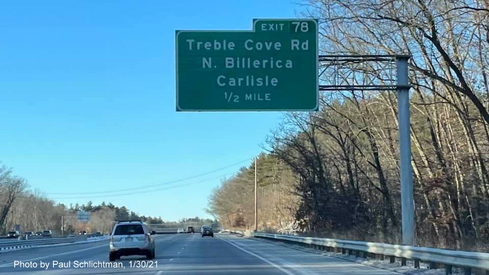Image of 1/2 mile advance overhead sign for Treble Cove Road exit with nw milepost based exit number on US 3 North in Billerica, by Paul Schlichtman, January 2021