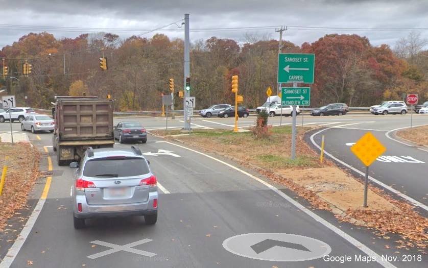 Google Maps Street View image of guide signs at end of ramp from MA 3 North to Samoset Street in Plymouth with no reference to US 44, taken in Nov. 2018