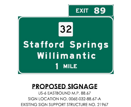 CTDOT sign plan image for 1 Mile advance sign for CT 32 exit in Willimantic, September 2023