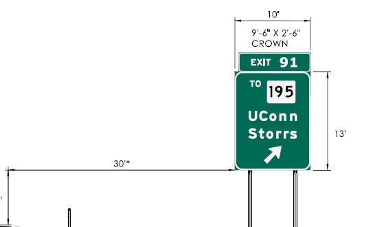 CTDOT sign plan image for ground mounted ramp sign for To CT 195 exit on US 6 in Willimantic with new milepost based exit number, September 2023