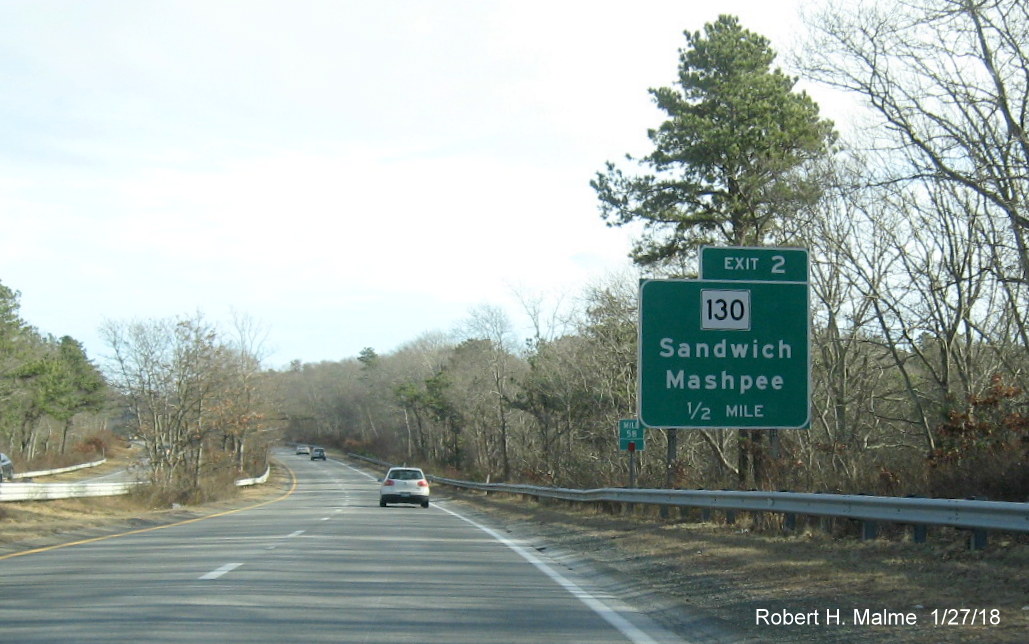 Image of new 1/2 mile advance sign for MA 130 exit on US 6 East in Sandwich