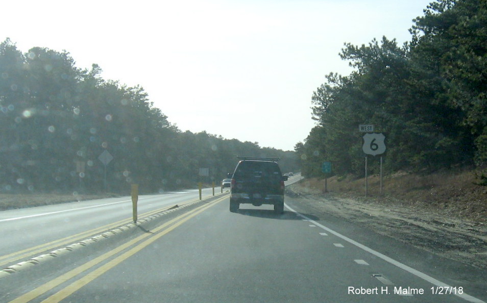 Image of new US 6 West reassurance marker following on-ramp from Exit 10 in Harwich