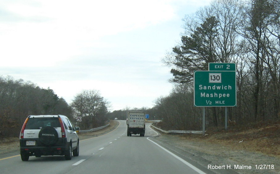 Image of new 1/2 mile advance sign for MA 130 exit on US 6 West in Sandwich