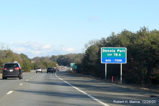 Image of auxiliary sign for MA 134 South exit with new milepost based exit number on US 6 East in Dennis, December 2020