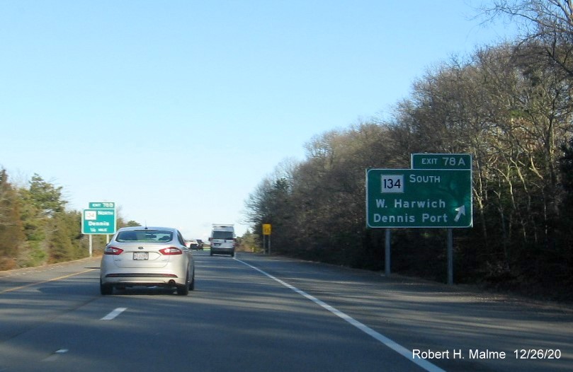 Image of ground mounted ramp sign for MA 134 South exit with new milepost based exit number on US 6 East in Dennis, December 2020