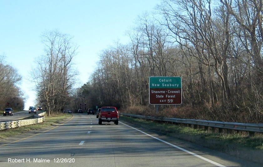 Image of auxiliary sign for MA 130 exit with new milepost based exit number on US 6 East in Sandwich, December 2020