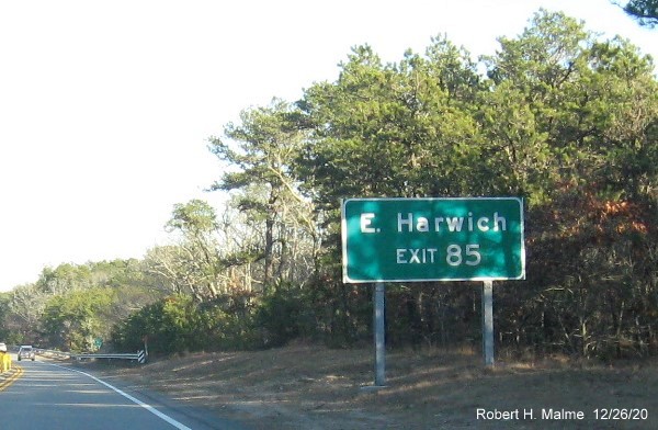 Image of auxiliary sign for MA 137 exit with new milepost based exit number on US 6 East in Brewster, December 2020