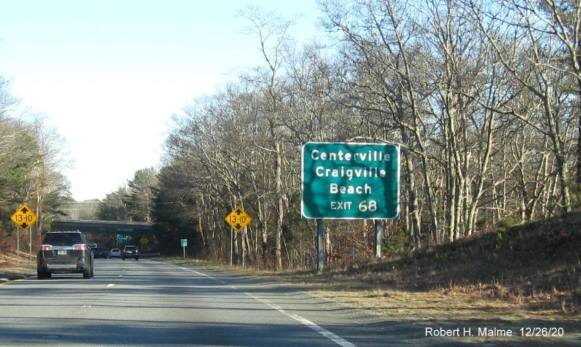 Image of auxiliary sign for MA 132 exit with new milepost based exit number on US 6 East in Barnstable, December 2020