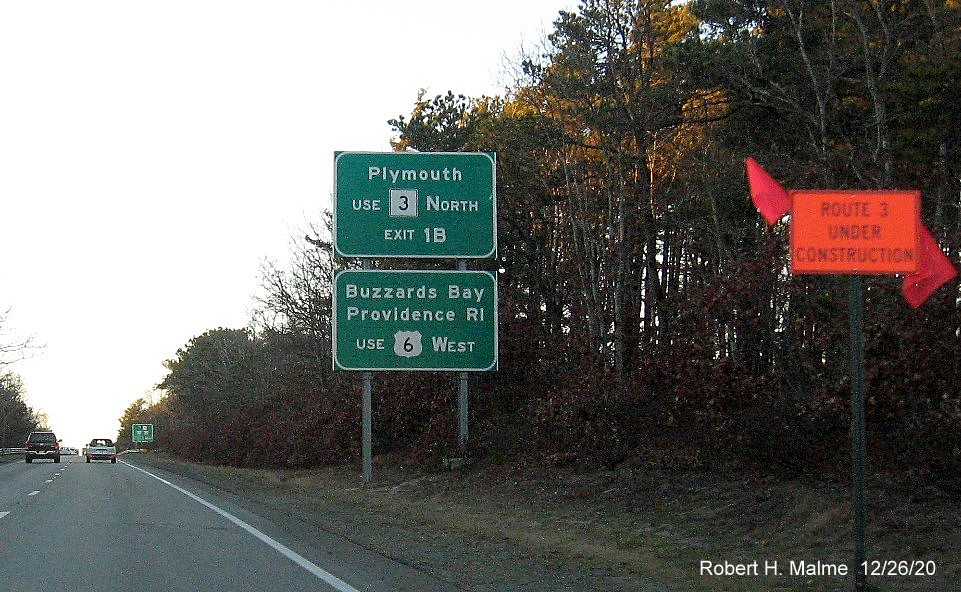 Image of auxiliary sign for MA 3 and MA 6A exits with new milepost based exit number on US 6 West in Bourne, December 2020