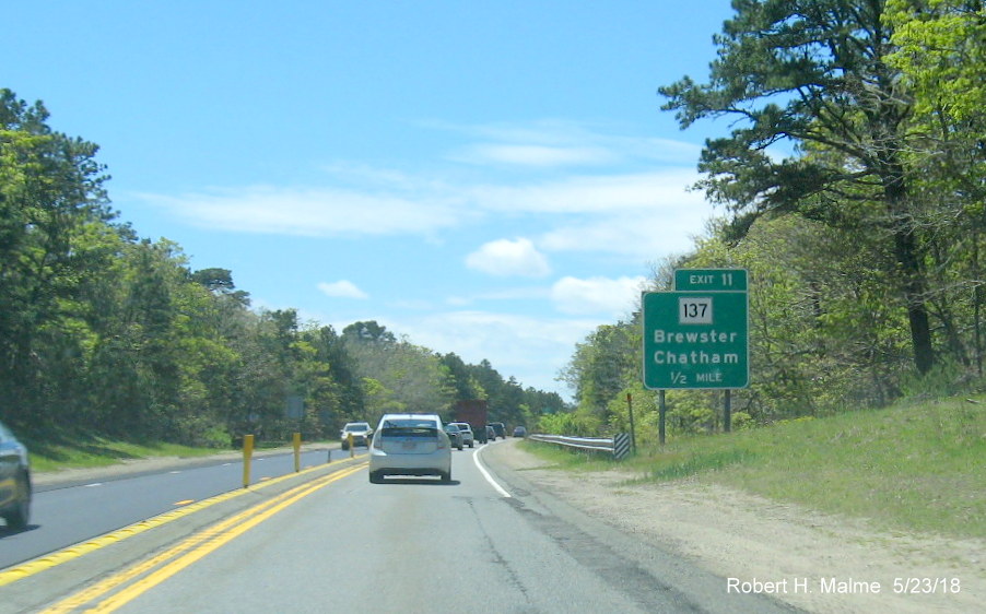 Image of 1/2 mile advance sign placed since Jan. 2018 for MA 137 exit on US 6 West in Brewster