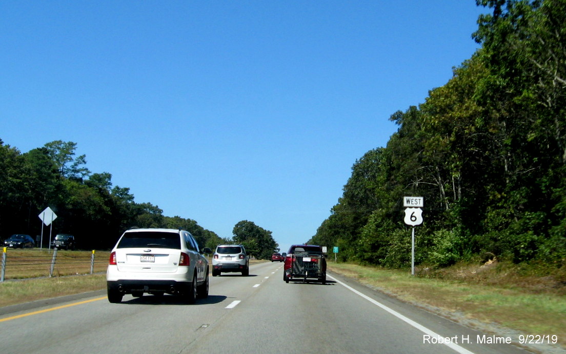 Image of new version of West US 6 reassurance marker after Chase Road exit in Sandwich in Sept. 2019