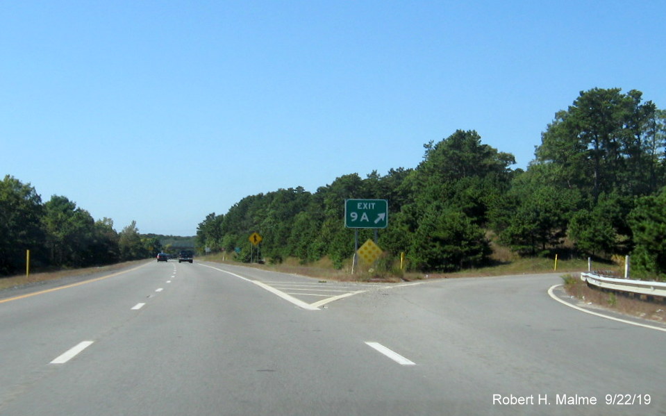 Image of recently placed gore sign for MA 134 South exit off-ramp on US 6 West in Dennis in Sept. 2019