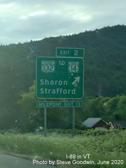 Image of new Vermont MilePoint Number tab sign at bottom of VT 132 exit sign on I-89 in Sharon, taken by Steve Goodwin, June 2020