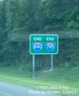 Image of newly placed South I-785/East I-840 reassurance marker sign placed after US 70 exit 
                                                on Greensboro Urban Loop, photo by Strider, July 2023