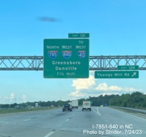 Image of newly revised advance sign for northern Greensboro Loop section exit now with 
                                                I-840 shield on I-85 North Greensboro Urban Loop, photo by Strider, July 2023