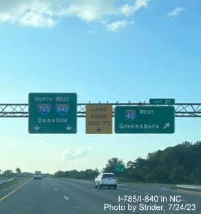 Image of newly revised pull through sign for northern Greensboro Loop section exit now with 
                                                I-840 shield at I-40 West exit, photo by Strider, July 2023