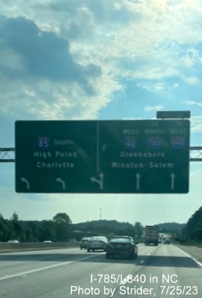Image of newly updated 1/2 mile advance sign for split of I-85 South and I-40 West, the latter
          now with I-840 shield for upcoming exit onto the Greensboro Urban Loop heading north, photo by Strider, July 2023