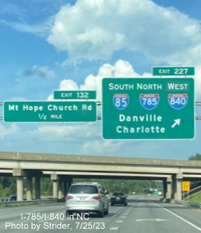 Image of newly updated overhead ramp sign for north segment of Greensboro Loop on I-40 East, 
         now with I-840 shield, photo by Strider, July 2023