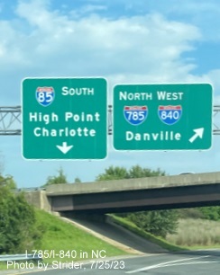 Image of newly updated ramp sign for north segment of Greensboro Loop on I-40 East, 
         now with I-840 shield, photo by Strider, July 2023