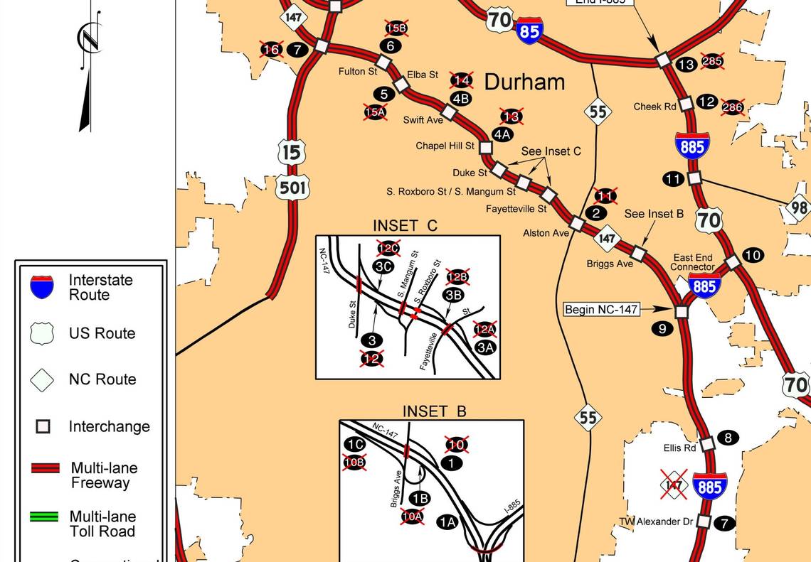 Image of News and Observer version of NCDOT map showing East  End Connector completion related route and exit number changes, May 2022