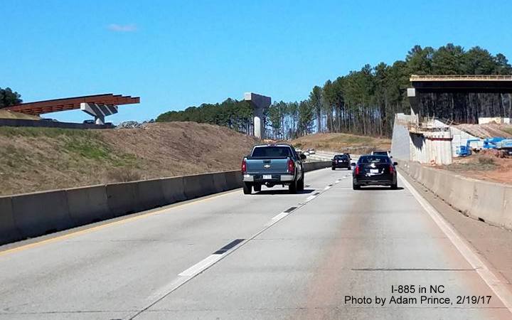 Image of view on NC 147 approaching recently placed overhead beams for East End Connector ramp from  NC 147 South, from Adam Prince