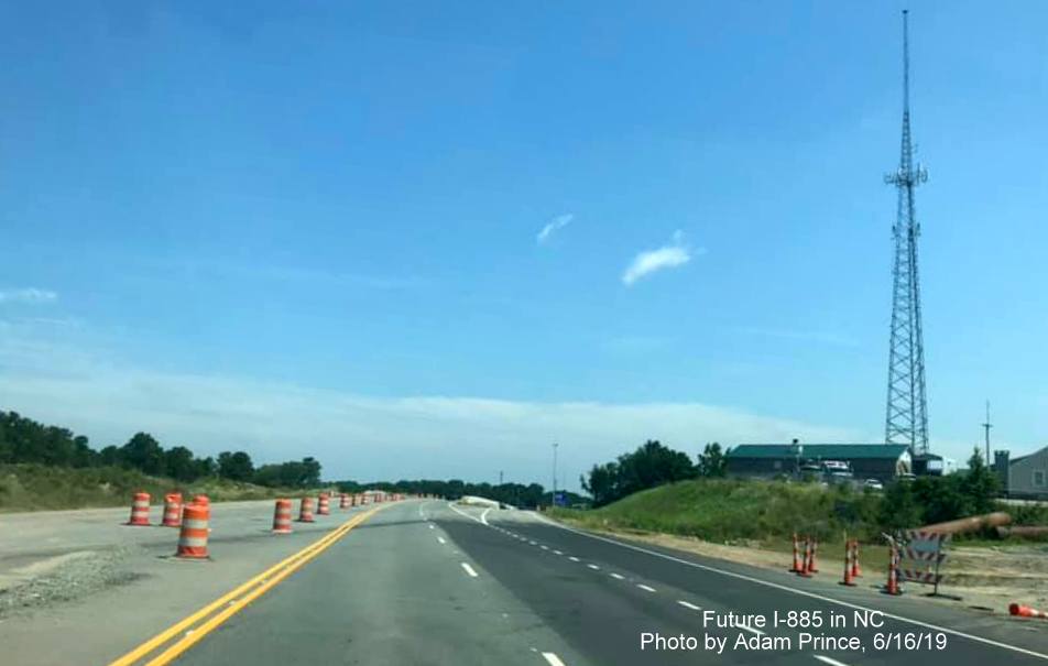 Image of construction progress along US 70 West in Future I-885 North lanes approaching off-ramp to NC 98 in East End Connector Project work zone in Durham, by Adam Prince