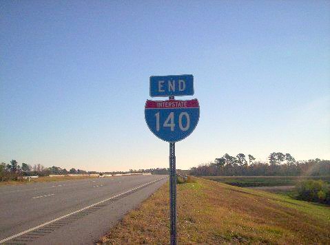 Photo of End East I-140 sign approaching I-40 interchange in Nov. 2007 near 
Wilmington, Photo courtesy of John Meisenhelder