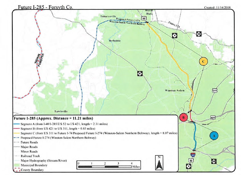 Image of map of proposed I-285 extension submitted by NCDOT to AASHTO for approval in May 2019, map created in Nov. 2018