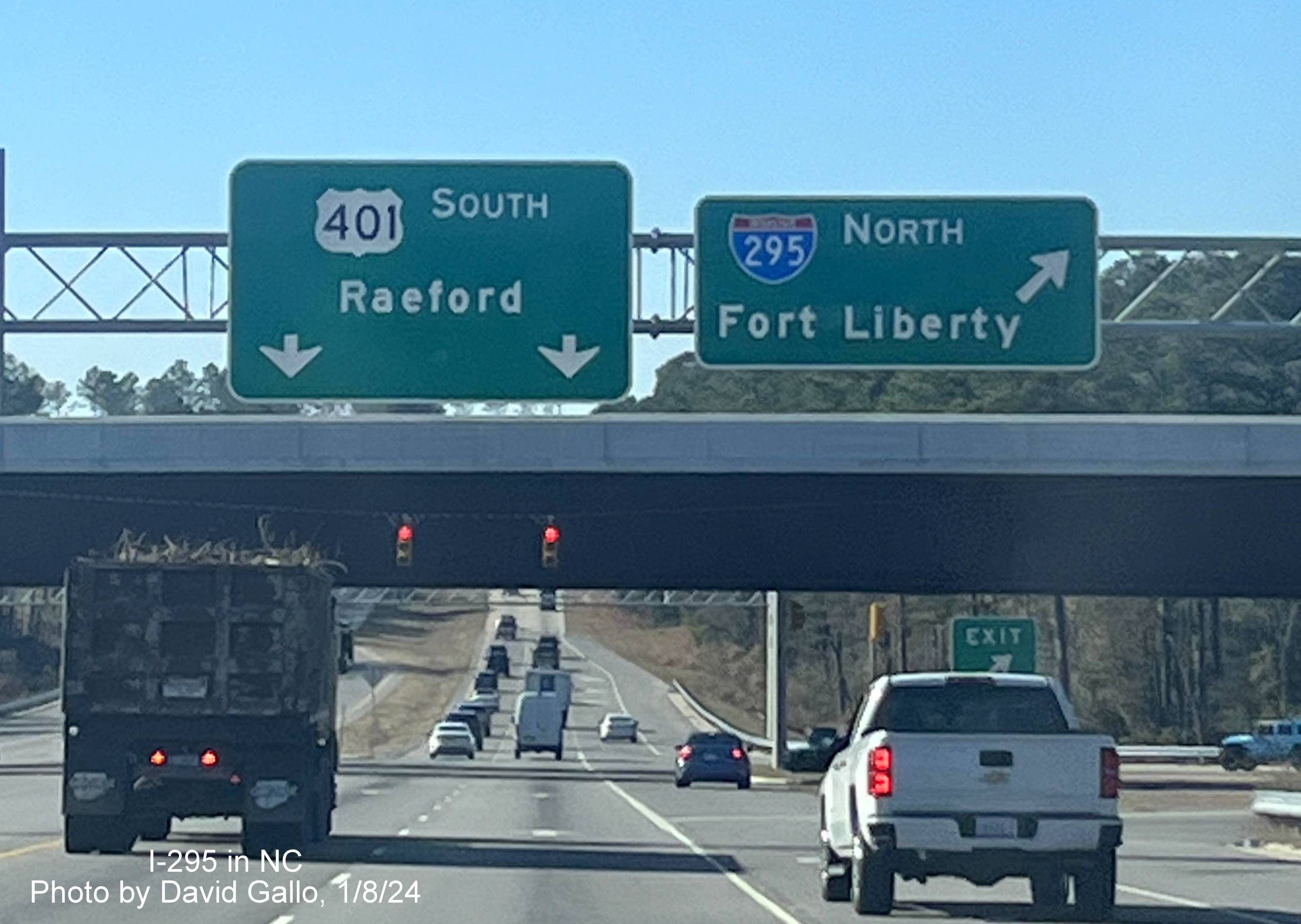 Image of overhead signage at I-295 interchange with US 401 South with updated Fort Liberty 
        control city, by David Gallo, January 2024