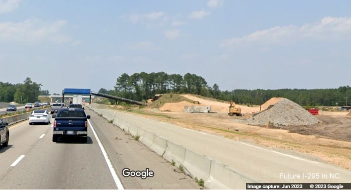Image of future I-295 North ramp under construction from I-95 North in St. Pauls, Google 
        Maps Street View, June 2023