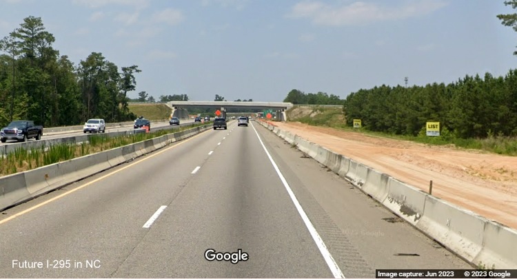 Image of completed bridge to carry future I-295 over I-95 North in St. Pauls, Google 
        Maps Street View, June 2023