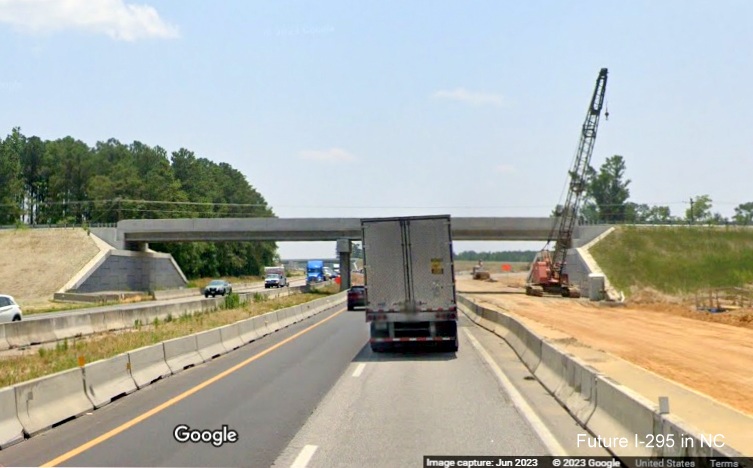 Image of future I-295 North ramp under construction from I-95 South in St. Pauls, Google 
        Maps Street View, June 2023