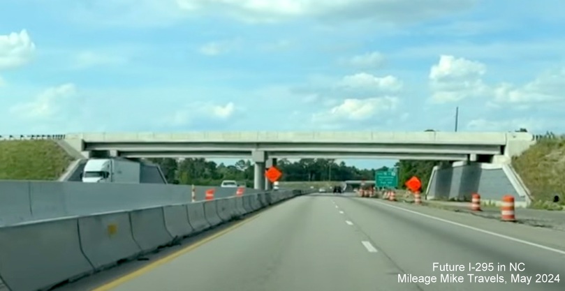 Image of bridge over I-95 North for NC 295 (Future I-295) North ramp in St. Pauls, 
       screen grab from Mileage Mike Travels video, May 2024