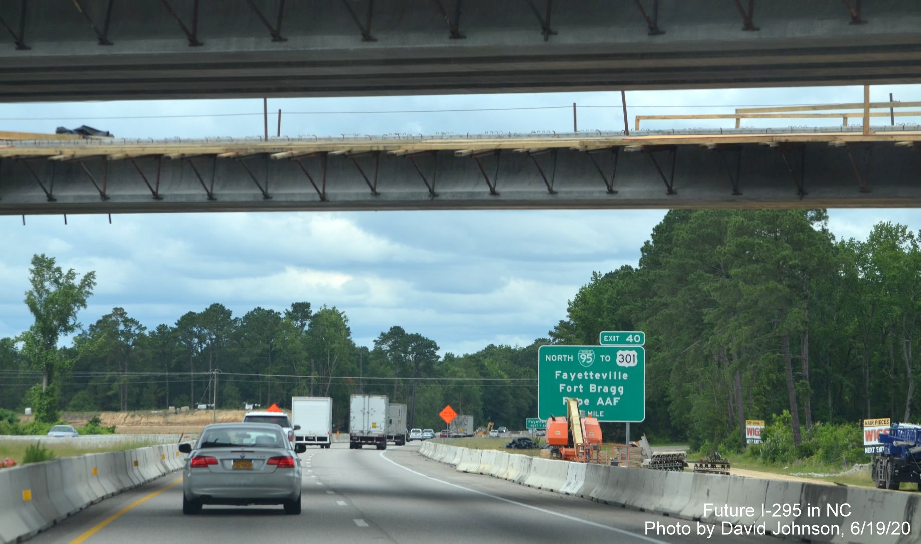 Image of second ramp bridge being constructed over I-95 North lanes near Hope Mills for future I-295 
        interchange, by David Johnson June 2020