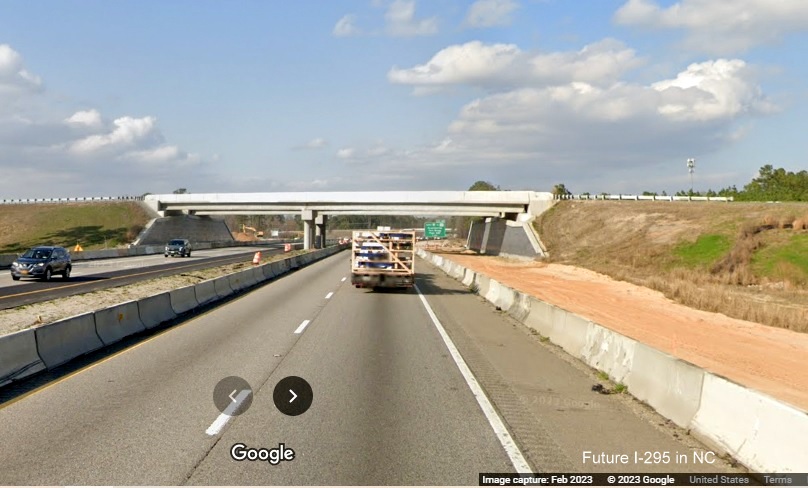 View of completed I-295 North/Fayetteville Outer Loop bridge from I-95 North in St. Pauls, 
        Google Maps Street View image, February 2023