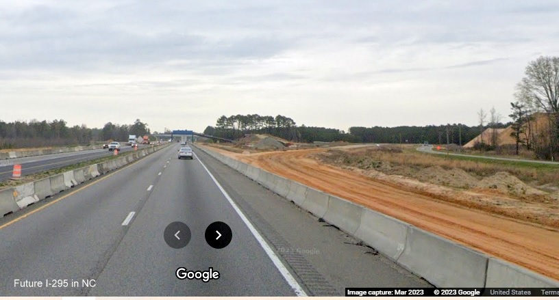View of future ramp to I-295 North/Fayetteville Outer Loop being constructed from I-95 North in St. Pauls, 
        Google Maps Street View image, March 2023