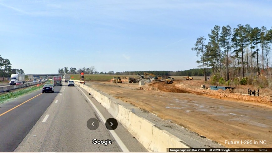 View of future ramp to I-295 North/Fayetteville Outer Loop being constructed from I-95 South in St. Pauls, 
        Google Maps Street View image, March 2023
