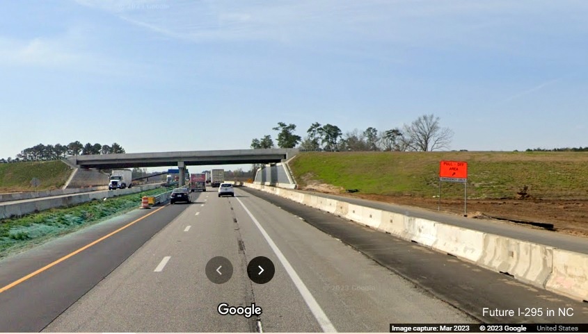 Image of Future I-295 North/Fayetteville Outer Loop bridge from I-95 South in St. Pauls, 
        Google Maps Street View image, March 2023