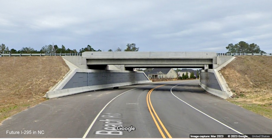 Image of completed NC 295 (Future I-295) bridge over Waldo's Bridge Road, Google Maps Street View, 
                                          March 2023
