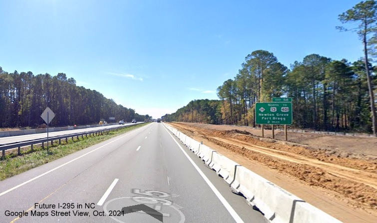 Image of NC 295 still appearing on 2 Miles advance sign for Fayetteville Loop exit on I-95 South 
      (under construction for widening project) in Cumberland County, Google Maps Street View image, October 2021