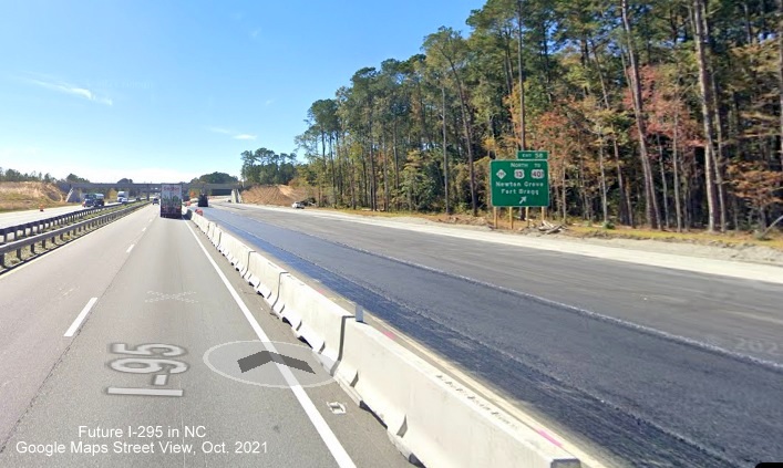 Image of NC 295 still appearing on ramp sign for Fayetteville Loop exit on I-95 South 
      in Cumberland County, Google Maps Street View image, October 2021
