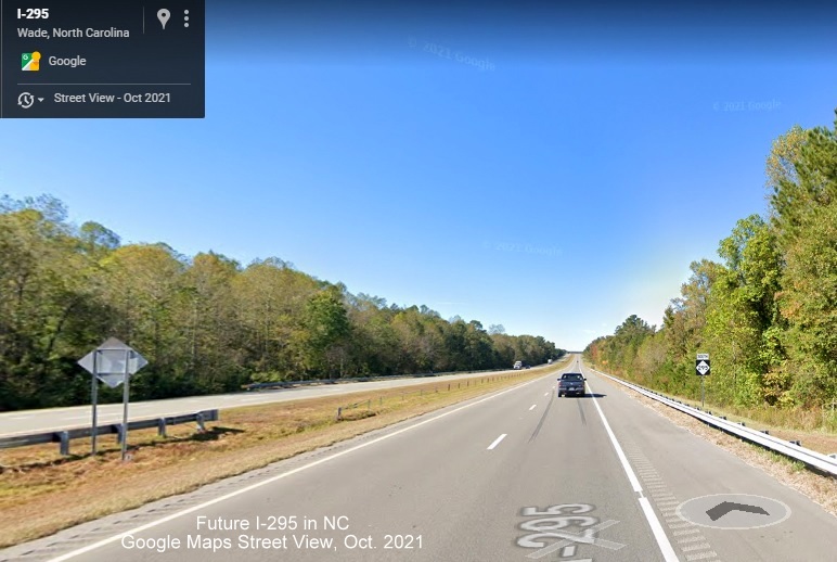 Image of South NC 295 reassurance marker still standing along Fayetteville Outer Loop after the 
      I-95 exit in Cumberland County, Google Maps Street View image, October 2021
