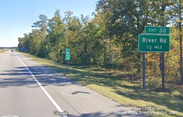 Image of mile marker still with North NC 295 shield still standing along Fayetteville Outer Loop prior to 
      the River Road exit in Cumberland County, Google Maps Street View image, October 2021