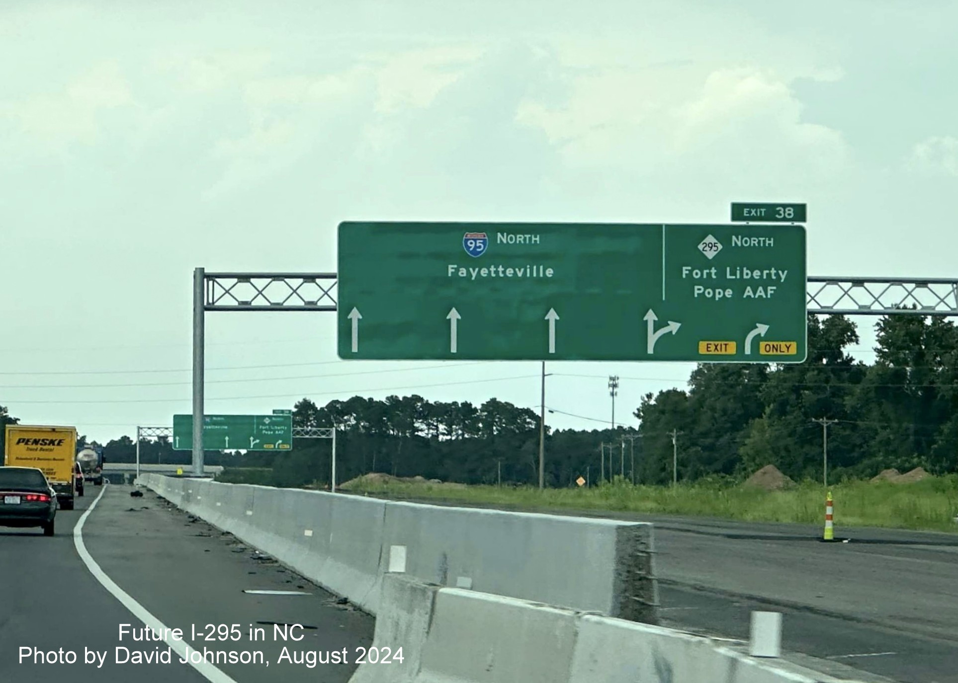 Image of pair of new arrow-per-lane signs for NC 295 North on yet to
       open ramp from I-95 North in St. Pauls, by David Johnson,August 2024