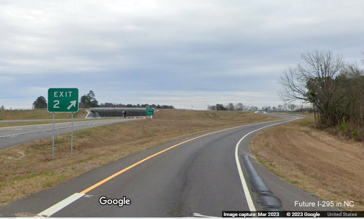Image of gore sign for the Parkton Road exit at southern end of newly opened section of South 
        NC 295/Fayetteville Outer Loop, Google Maps Street View, March 2023
