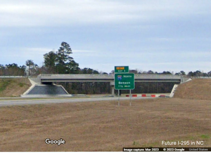 Image of 1 1/4 mile advance sign for the I-95 North exit on southern end of South 
        NC 295/Fayetteville Outer Loop, Google Maps Street View, March 2023