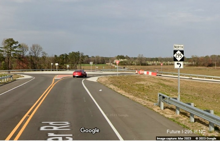 Image of North NC 295 trailblazer along Parkton Road at southern end of newly 
        opened section to Black Bridge Road, Google Maps Street View, March 2023