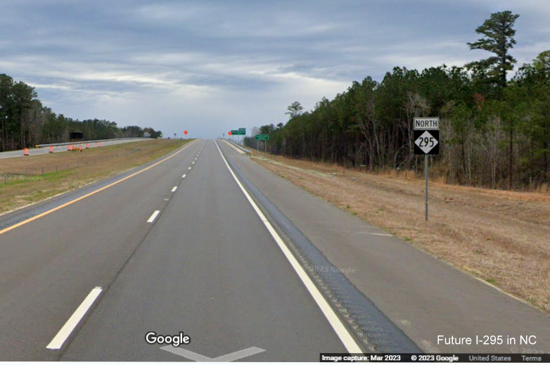 Image of North NC 295 reassurance marker beginning of newly 
        opened section from Parkton Road to Black Bridge Road, Google Maps Street View, March 2023