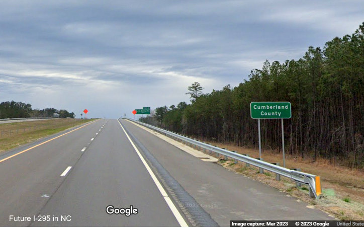 Image of Cumberland County sign along newly opened section of NC 295/Fayetteville Outer Loop from 
        Parkton Road to Black Bridge Road, Google Maps Street View, March 2023